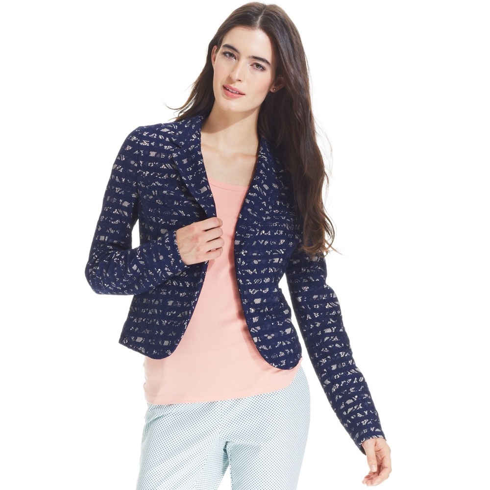 MAISON  JULES - Cropped Navy Striped Lace Blazer